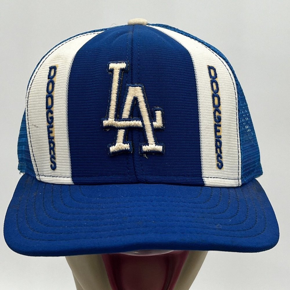 Vtg AJD Lucky Stripes Los Angeles Dodgers Trucker Hat Blue White Snapback‎ USA